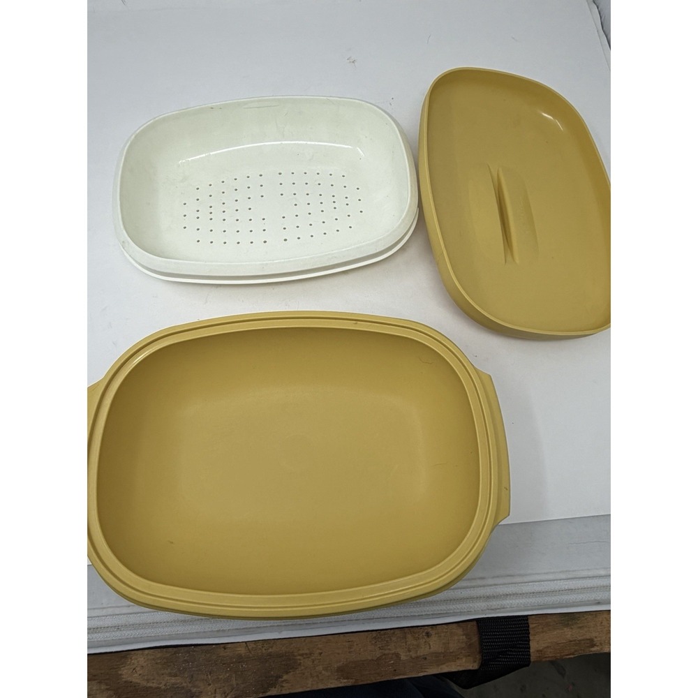 Vintage Tupperware 1273-6 Microwave Steamer‎ 3-Piece Set Harvest Gold Yellow
